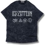 Fuddy Moda Unisex LED Zeppelin Baskılı Yıkamalı Tişört, Oversize Rock-Metal Baskılı Retro T-Shirt - Siyah