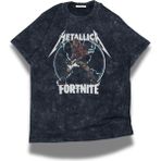 Fuddy Moda Unisex Metallica Fort.nite Baskılı Yıkamalı T-Shirt, Oversize Rock Band Temalı Retro Tişört - Siyah - XS