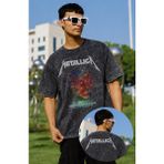 Fuddy Moda Unisex Metallica Hardwired Ense Baskılı Yıkamalı Tişört, Oversize Rock Band Temalı Retro Tshirt - Siyah - 4XL
