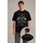 Fuddy Moda Unisex Metallica Ikonik Kuru Kafa Ense Baskılı Tişört, Oversize Rock Band Temalı Tshirt - Siyah - 2XL