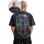 Fuddy Moda Unisex Metallica Kill'em All Sırt Baskılı Yıkamalı Tişört, Oversize Rock Band Temalı Vintage Tshirt - Siyah - 3XL