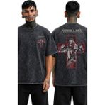 Fuddy Moda Unisex Metallica Members Haç Sırt Baskılı Yıkamalı Tişört, Oversize Rock Band Temalı Retro Tshirt - Siyah