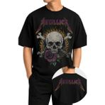Fuddy Moda Unisex Metallica Skull And Rose Ense Baskılı Bisiklet Yaka Tişört, Oversize Rock Band Temalı Tshirt - Siyah - XS