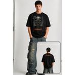Fuddy Moda Unisex Metallica Skull With Gas Mask Ense Baskılı Tişört, Oversize Rock Band Temalı Tshirt - Siyah - XS