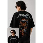 Fuddy Moda Unisex Metallica Viking Sırt Baskılı Bisiklet Yaka Tişört, Oversize Rock Band Temalı Tshirt - Siyah - 3XL