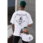 Fuddy Moda Unisex Metallifukinca Sırt Yazılı Bisiklet Yaka Tişört, Oversize Funny Metallica Baskılı Tshirt - Beyaz