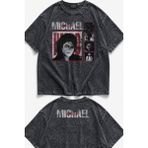 Fuddy Moda Unisex Michael Jackson Ense Baskılı Yıkamalı Tişört, Oversize The King Of Pop Vintage Tshirt - Siyah - XS