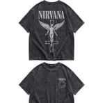 Fuddy Moda Unisex Nirvana Angel Sırt Baskılı Yıkamalı Tişört, Oversize Rock Band Temalı Vintage Tshirt - Siyah - XL