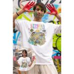 Fuddy Moda Unisex Nirvana Animasyon Baskılı Tişört, Oversize Rock Band Temalı T-Shirt - Beyaz - XS