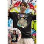 Fuddy Moda Unisex Nirvana Animasyon Baskılı Tişört, Oversize Rock Band Temalı T-Shirt - Siyah - 4XL