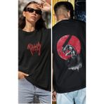 Fuddy Moda Unisex Ön Arka Baskılı Berserk Guts Tişört, Oversize Sırt Baskılı Anime T-Shirt - 2XL - Siyah