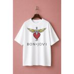 Fuddy Moda Unisex Oversize Bon Jovi Baskılı Rock Band Temalı Tişört - Beyaz - XS