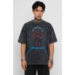 Fuddy Moda Unisex Oversize Metallica Face Illustration Baskılı Yıkamalı Rock Band Tişört - Siyah