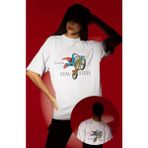 Fuddy Moda Unisex Süpermen Real Steel Yazılı Tişört, Oversize Superman Baskılı T-Shirt - Beyaz - XL