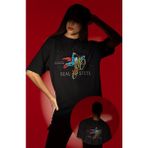 Fuddy Moda Unisex Süpermen Real Steel Yazılı Tişört, Oversize Superman Baskılı T-Shirt - Siyah - XL
