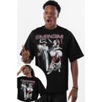 Fuddy Moda Unisex Vintage Eminem Rap Baskılı Siyah Tişört, Oversize Rapper Temalı Bisiklet Yaka T-Shirt