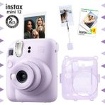 Fujifilm Instax mini 12 Lila Fotoğraf Makinesi 20'li Film Kıskaçlı Resim Standı ve Simli Pleksi Kılıf Seti