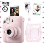 Fujifilm Instax mini 12 Pembe Fotoğraf Makinesi-10'lu Film-Kıskaçlı Resim Standı ve Simli Pleksi Kılıf Seti