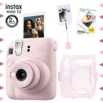 Fujifilm Instax Mini 12 Pembe Fotoğraf Makinesi 20'li Film Kıskaçlı Resim Standı ve Simli Pleksi Kılıf Seti