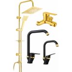 Fulcie Gold Duş Sistemi + Siyah Kuğ Köşe Borulu Gold Mutfak-Lavabo Bataryası Seti-4lü Set - Siyah - Altın
