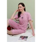 Fulla Moda Çiçek Desenli Kısa Kol Büyük Beden Kapri Pijama Takımı