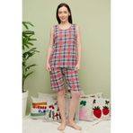 Fulla Moda Ekose Desenli Büyük Beden Kolsuz Kapri Pijama Takımı