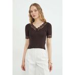 Fulla Moda Kol Ve Yaka Dantelli Slim Fit Transparan Bluz