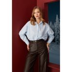 FullaModa Basic Yırtmaçlı Oversize Gömlek - Buz Mavi