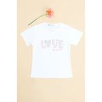 FullaModa Çiçekli Love Yazı Baskılı Kız Çocuk Tişört - Ekru - 3 Yaş