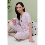FullaModa Kalp Desenli Kısa Kol Büyük Beden Kapri Pijama Takımı - Kırmızı