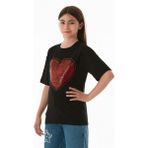 FullaModa Kalp ve Love Yazı Baskılı Kız Çocuk Oversize Tişört - 9 - 10 Yaş - Siyah