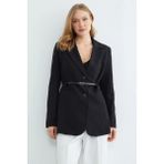 FullaModa Kemerli Omuz Vatkalı Blazer Ceket - 36 - Siyah