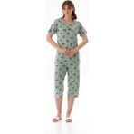 FullaModa Mint Renkli Fiyonk Desenli Kadın Kapri Pijama Takımı Normal Kalıp ile Rahat Kullanım