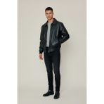 FullaModa Polo Yaka Bomber Suni Deri Ceket - 2XL - Siyah