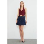FullaModa Zincir Kemer Detaylı Mini Jean Etek - Lacivert - 29