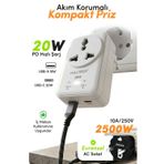 Fulltech FTR-27 20W PD Hızlı Şarjlı Akım Korumalı Kompakt Priz Beyaz | USB-C & USB-A Çıkışlı 2500W G