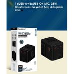 Fulltech Rose Teknoloji Fulltech 25W 1 USB / 2 Type-C/ 1 Ac Giriş Avrupa Fiş Dönüştürücülü Uluslararası Seyahat Şarj Adaptörü - Siyah