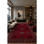 Fuly Consept Vintage Kazak Desenli Kırmızı Halı | El Dokuması Görünümlü Lacivert Bordürlü Oturma Odası Halısı | Antik Türk Motifli Yıkanabilir Salon Halısı TH-3040 - Bordo - Lacivert - 100 x 450 cm