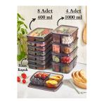 Füme 12'Li Saklama Seti 8 4 (8 Adet 100 Ml) (4 Adet 250 Ml) 4 Bölmeli Öğünlük Kıyma Saklama Kabı