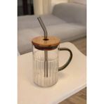 Füme Renkli 420 ml Cam Kupa, Bambu Kapak ve Pipet ile Şık Tasarım - Seçenek 1