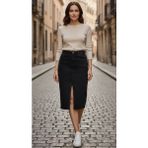 Füme Style Kadın Yüksek Bel Önden Yırtmaçlı Cepli Midi Jean Kot Etek - 000-Siyah