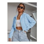 Fun Fashion Kadın Bebe Mavi Kapüşonlu Fermuarlı Oversize 3 Iplik Şardonlu Kalın Crop Hırka