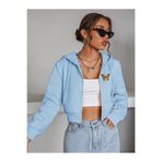 Fun Fashion Kadın Bebe Mavi Kelebek Baskılı Kapüşonlu Oversize Crop Hırka