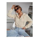 Fun Fashion Kadın Bej Kapüşonlu Fermuarlı Oversize 3 Iplik Şardonlu Kalın Crop Hırka