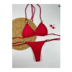 FUNELLA Kadın Kırmızı Boncuk Detaylı Likralı String Bikini Takımı Şık Ipli Tanga Bikini Takımı Yeni Model