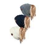 Funky Junque At Kuyruğu Dağınık Topuz BeanieTail Kadın Bere Düz Nervürlü Şapka Kep, 3'lü Paket - Fildişi, Lacivert, Funda Grisi, Tek Beden