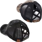 Funky Junque Criss Cross Hat Kadın Beyzbol Şapkası Eskitilmiş At Kuyruğu Dağınık Topuz Kamyon Şoförü Ponycap, 2'li Paket - Bebek Leopar ve Kamuflaj Jet Siyah, Tek Beden