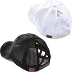 Funky Junque Criss Cross Hat Kadın Beyzbol Şapkası Eskitilmiş At Kuyruğu Dağınık Topuz Kamyon Şoförü Ponycap, 2'li Paket - Beyaz Kamuflaj ve Kamuflaj Jet Siyah, Tek Beden