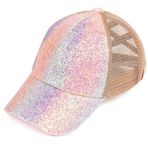 Funky Junque Kızlar Dağınık Topuz Beyzbol Şapkası - Yüksek At Kuyruğu Çapraz Şapka, Gülen Yüz Tasarımları, Mevsimsel Desenler, Chunky Glitter Ombre - Unicorn Inspired Colors, Tek Beden