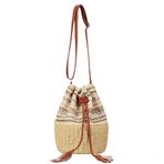 FUNSEED Etnik Stil İpli Ekleme Şerit Hasır Çanta Kadınlar için, Yaz Plaj Kova Çanta Püskül ile Crossbody, Bej, Medium
